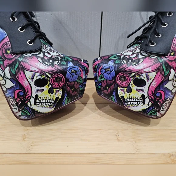 RARE IRON FIST Black Punk Goth Skull Floral Platform Lace Up High Heel Shoes 9 - Picture 11 of 14